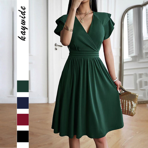 Pleated Elegant V-neck Midi Dress