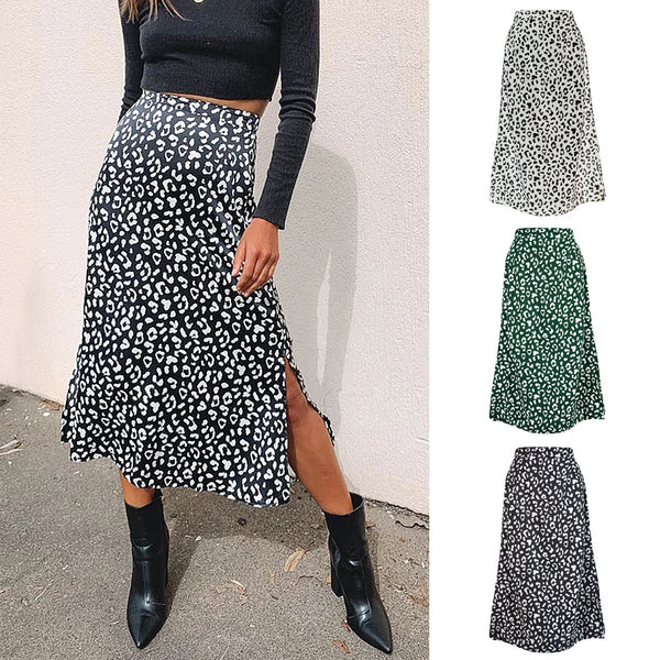 Leopard Print Chiffon Floral Split Sexy Zipper High Waist Midi Skirt