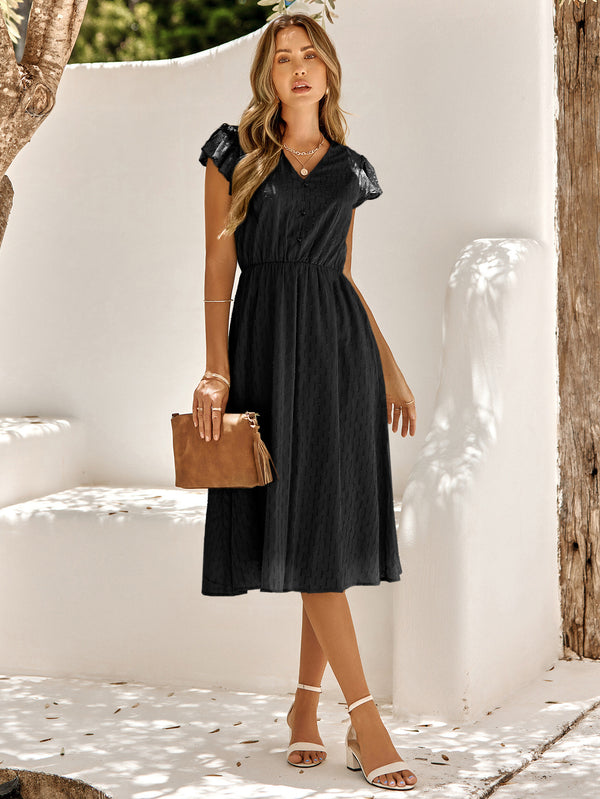 Casual Solid Colour V-Neck Waist Midi Dresses