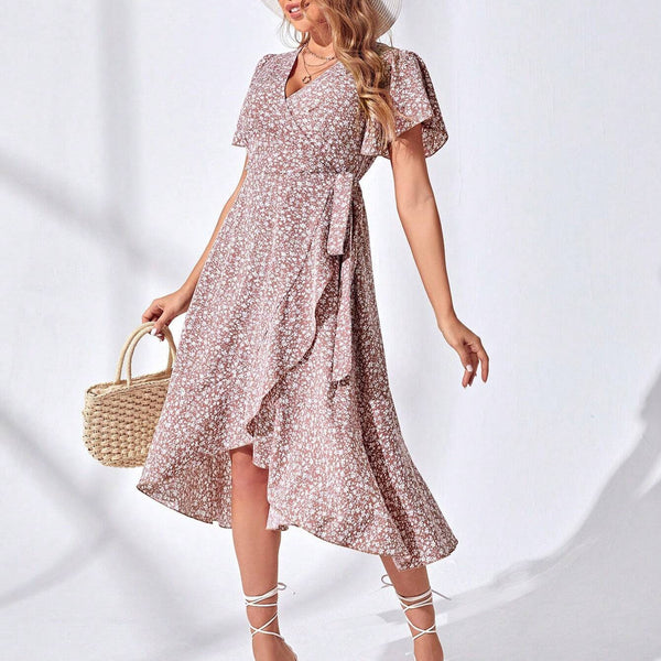 Sexy Cinched Waist Floral Short Sleeve V-Neck Midi Dress