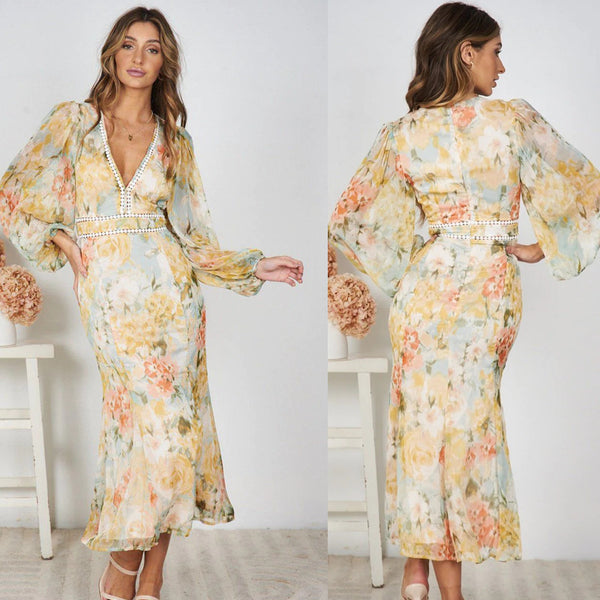 Slim Printed Floral Spring Maxi Dress