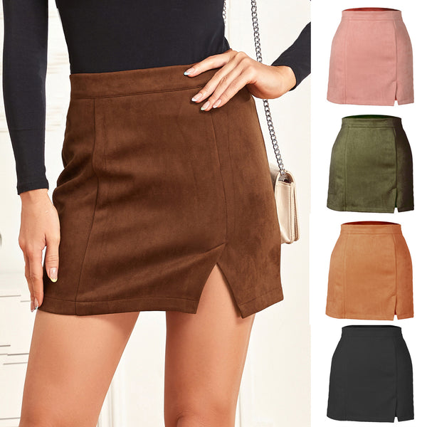 Suede High Waist Zipper A-Line Skirt