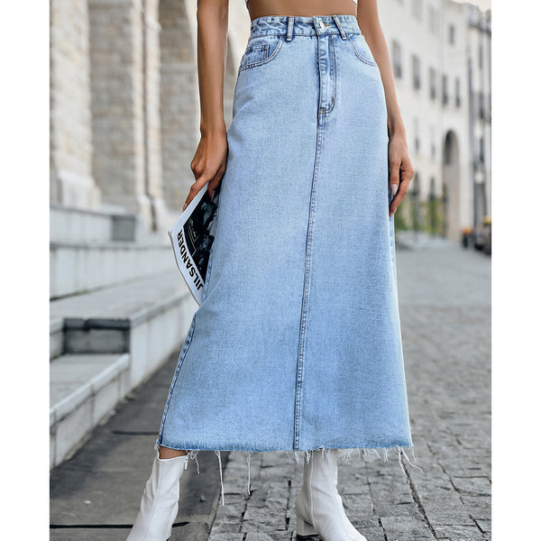 High Waisted A-line Denim Maxi Skirt