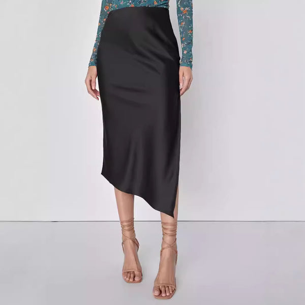 Satin Asymmetric High Waist Elastic Maxi Skirt