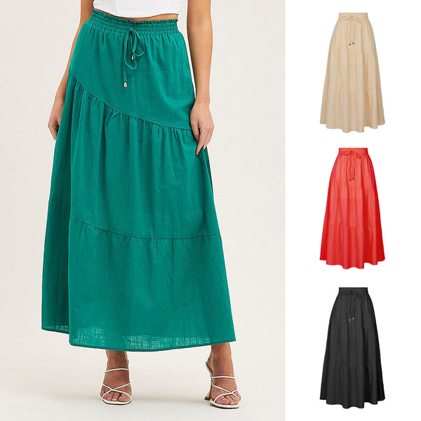 Pure Color Cotton  Linen Elastic Waist Flared Pleated Maxi Skirt