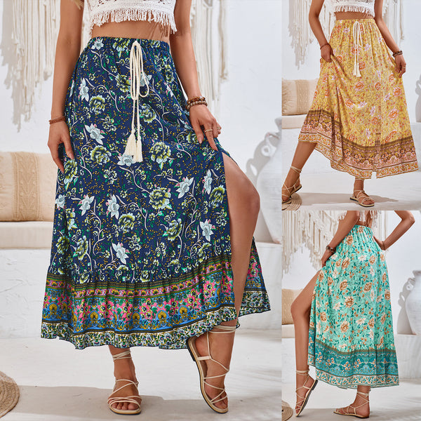 Summer Bohemian Casual Floral Drawstring Waist Half Skirt