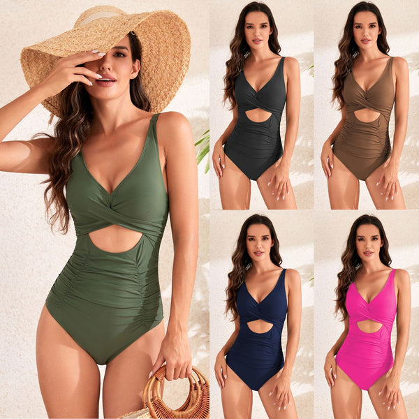 Solid Color Cross Ruched High Waist One Piece Swimsuit