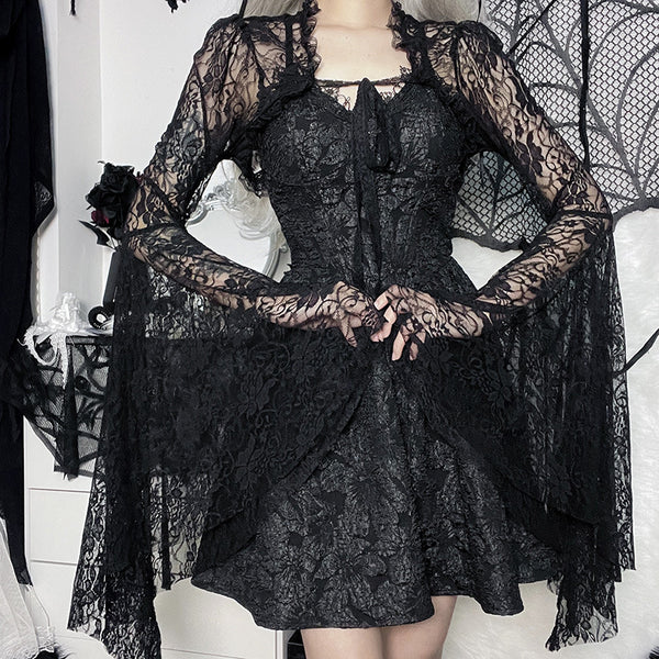 Gothic Dark Sexy Slim Fit Trumpet Sleeve Lace Cardigan