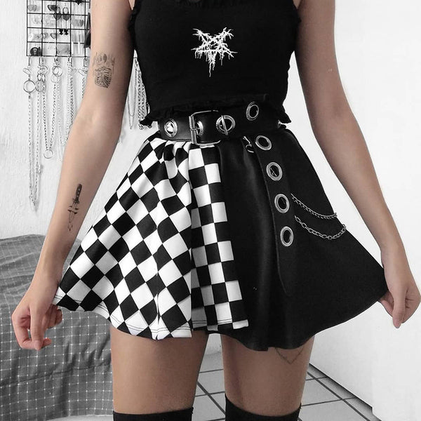 Dark Plaid Color Block High-Waisted A-line Skirt