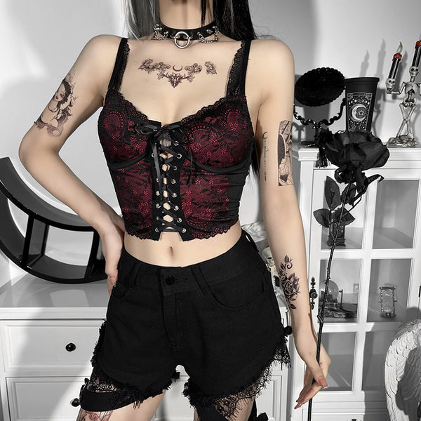 Gothic Lace Trim Open Back Strappy Camisole Vest