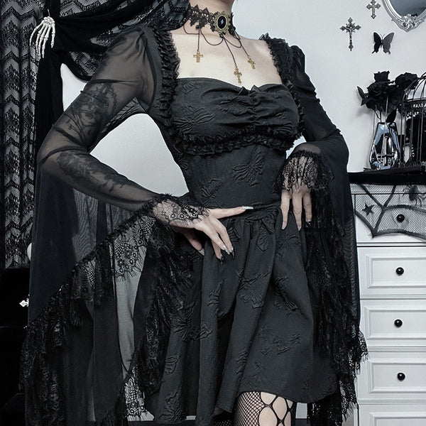 Gothic Dark Lace Patchwork Trumpet Sleeve A-Line Dress