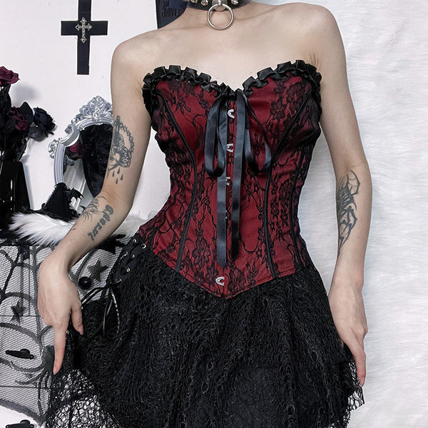 Gothic Dark Strapless Lace Waist Cinched Vest