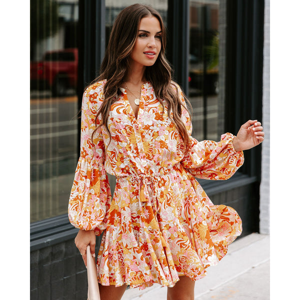 Paisley Plicated Belted Puff Long Sleeved Short Mini Dress - ONEK