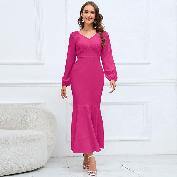 V-neck Long Sleeve Mermaid Dress Slim-fit Elegant Long Maxi Dress