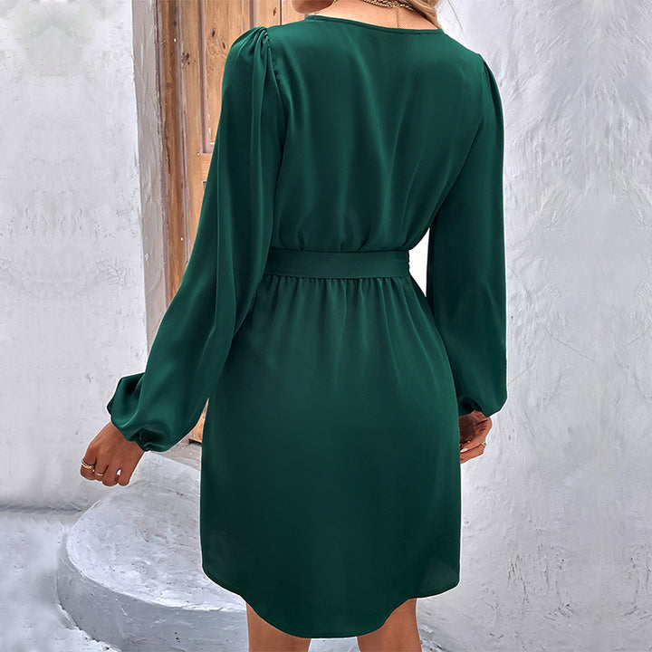 New Solid Color Long Sleeve V-Neck Belted Dress - ONEK