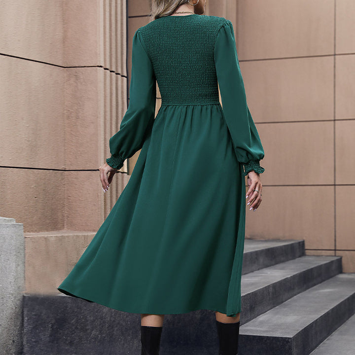 Solid Color Long Sleeve Silky Round Neck Maxi Dress - ONEK