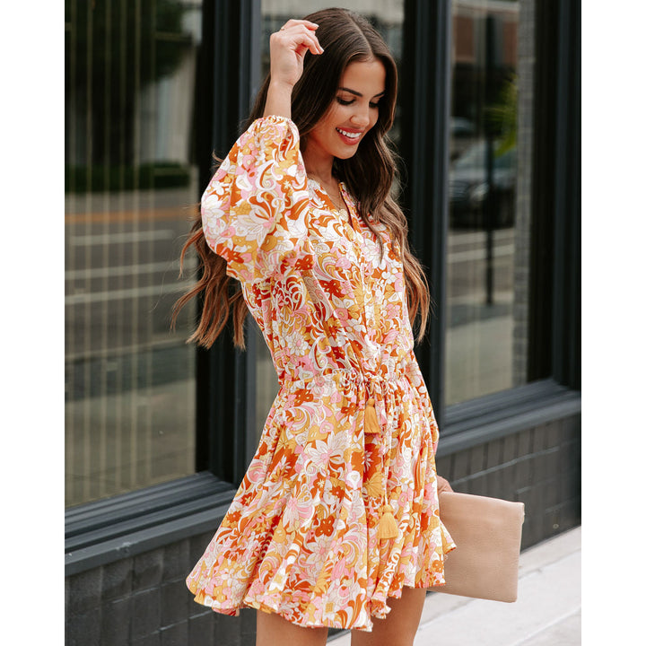 Paisley Plicated Belted Puff Long Sleeved Short Mini Dress - ONEK