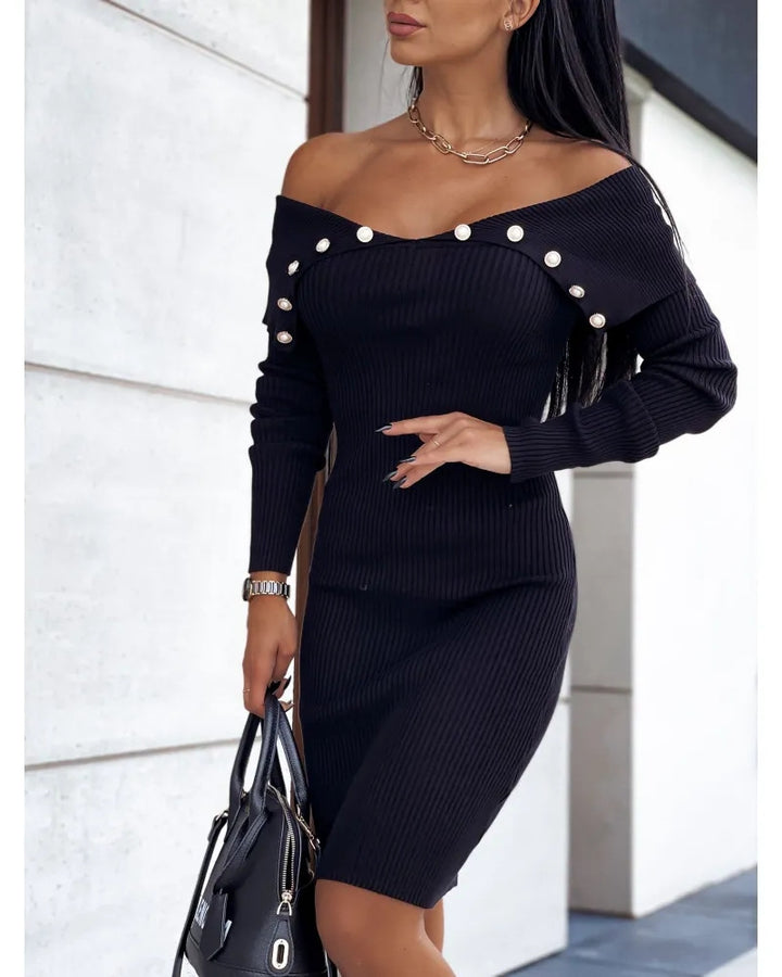 Buttoned Cinched Waist Long Sleeve Knitted Bodycon Dress - ONEK