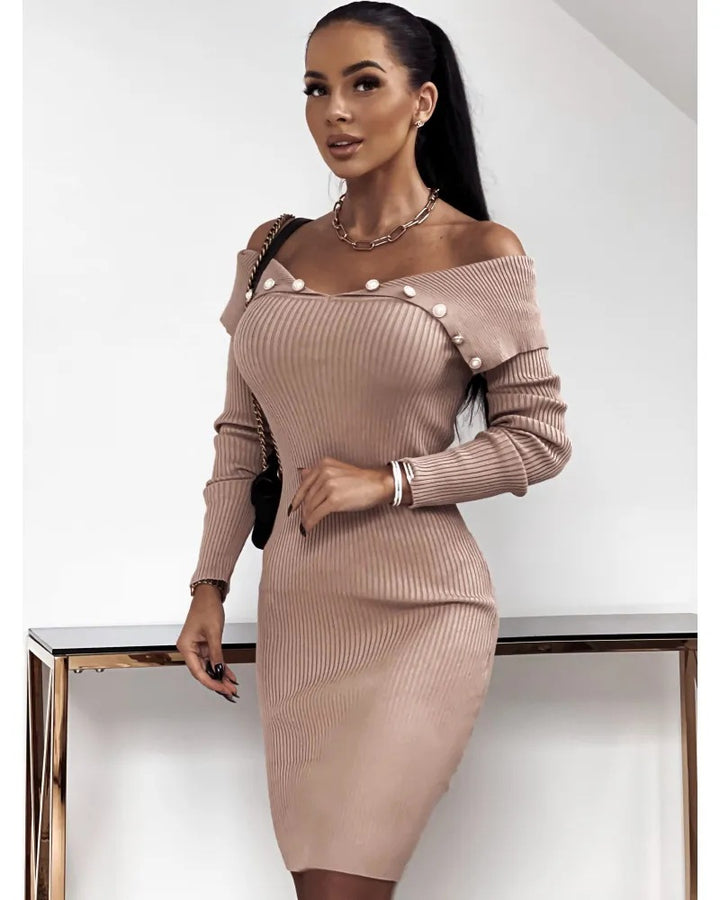 Buttoned Cinched Waist Long Sleeve Knitted Bodycon Dress - ONEK