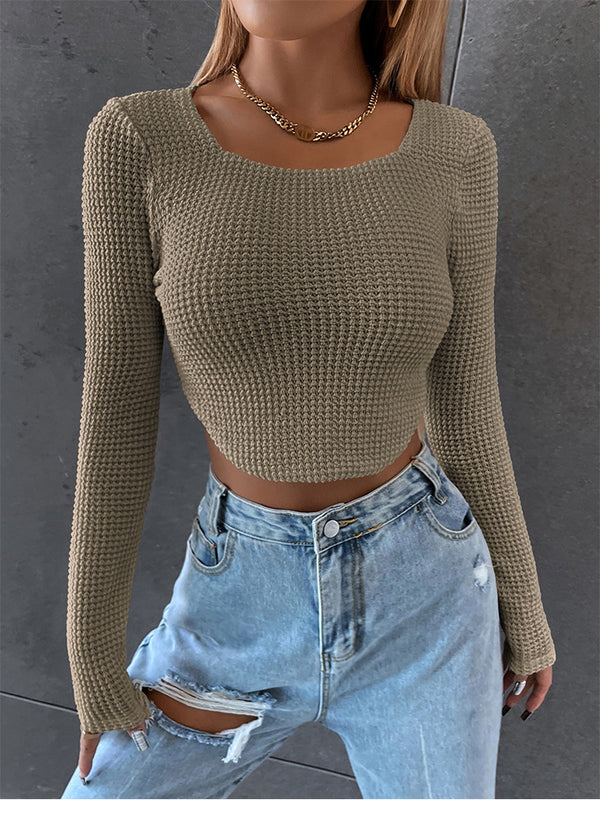 Short Slim-fit Sexy Square Neck Knitted Sweater Wide Neck Long Sleeve T-shirt Jumper