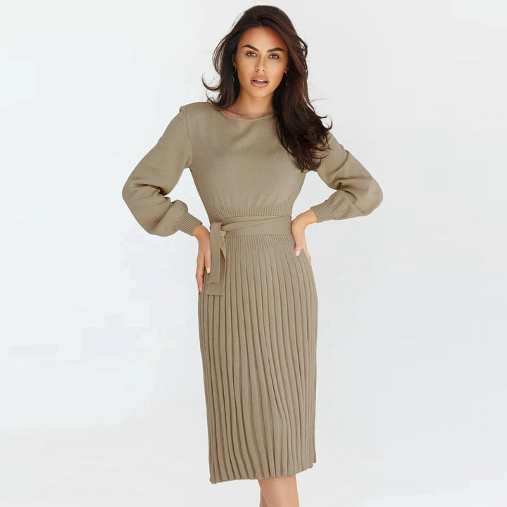 Knitted Slim-fit Pleated Midi Sweater Dress - ONEK