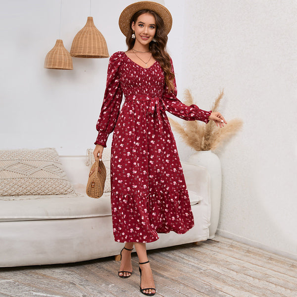 Slim-fit Flared Long Sleeve V-neck Floral Maxi Dress