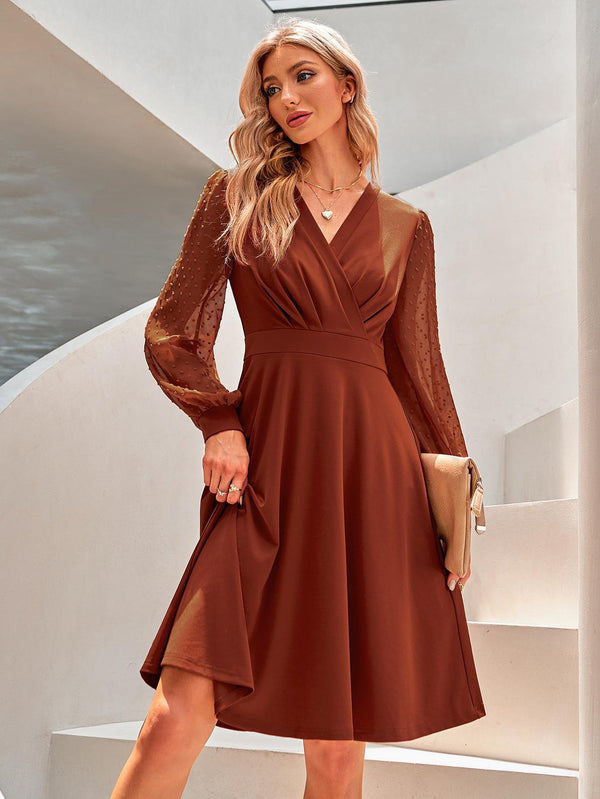 Long Sleeve V-neck Lace Sleeve Elegant Solid Color Embroidered Dress