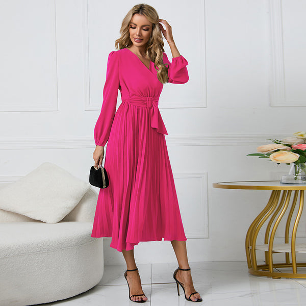 Long Sleeve Slim-fit Pleated Belted V-neck A-line Dress