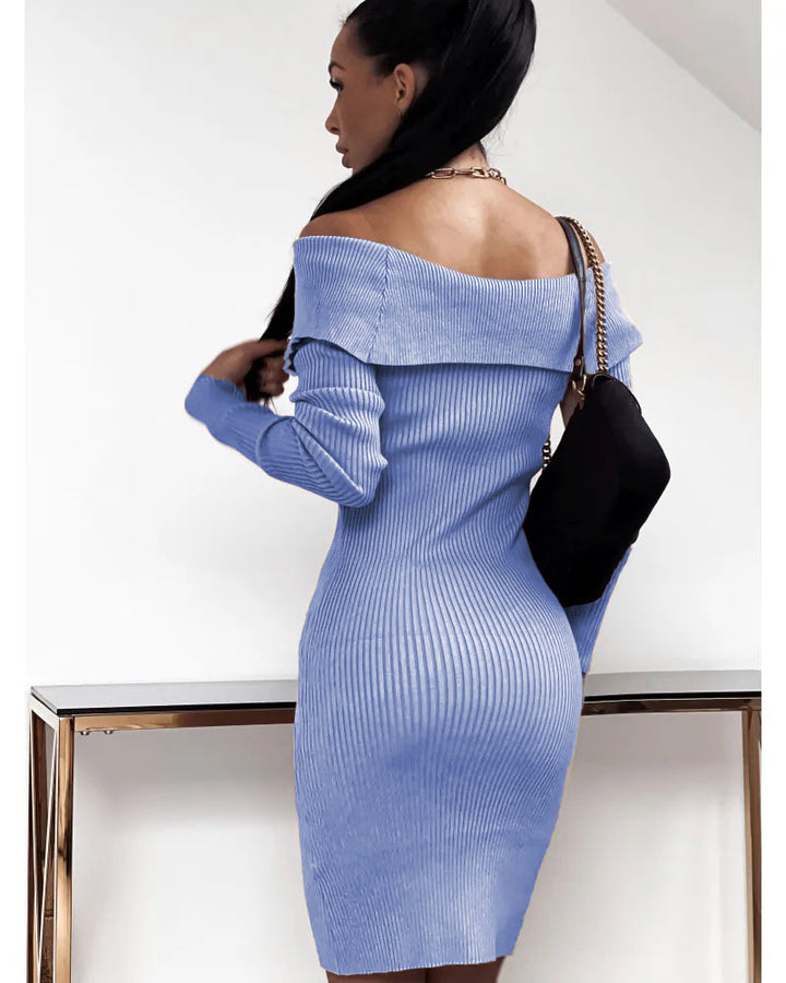 Buttoned Cinched Waist Long Sleeve Knitted Bodycon Dress - ONEK