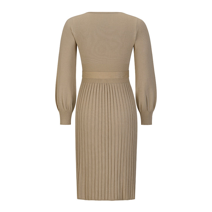 Knitted Slim-fit Pleated Midi Sweater Dress - ONEK