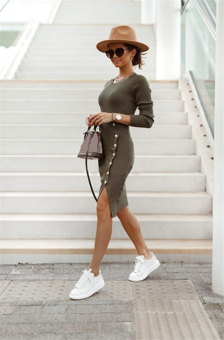 Elegant Split Button Round Neck Long Sleeve Knitted Dress - ONEK