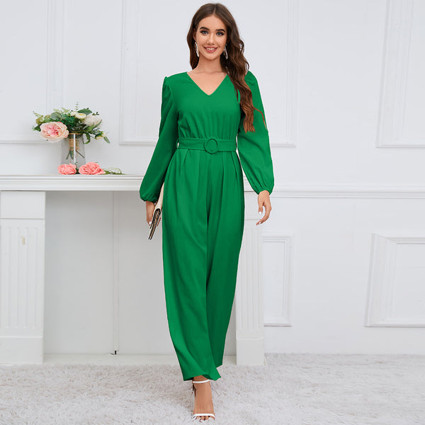 Casual Solid Color V-neck Long Sleeve Slim-fit Jumpsuit