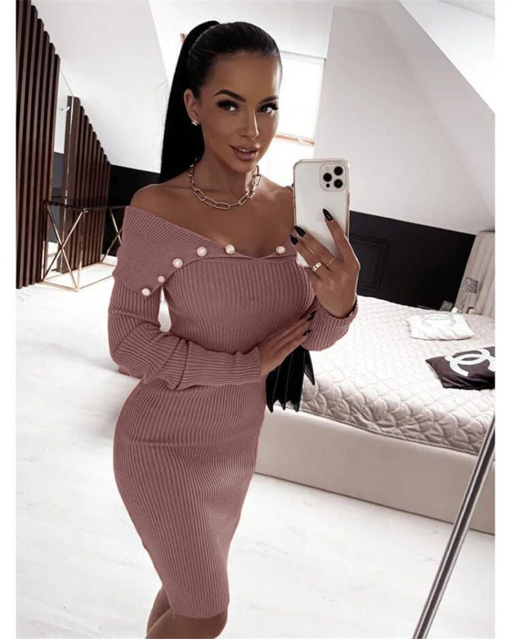 Buttoned Cinched Waist Long Sleeve Knitted Bodycon Dress - ONEK