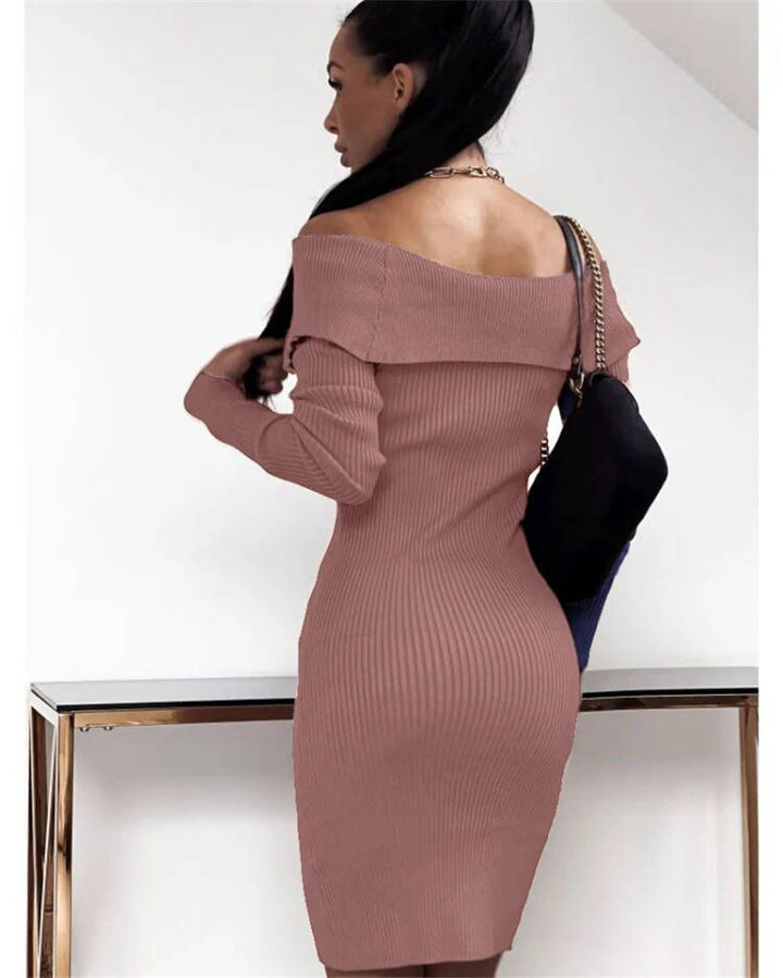 Buttoned Cinched Waist Long Sleeve Knitted Bodycon Dress - ONEK