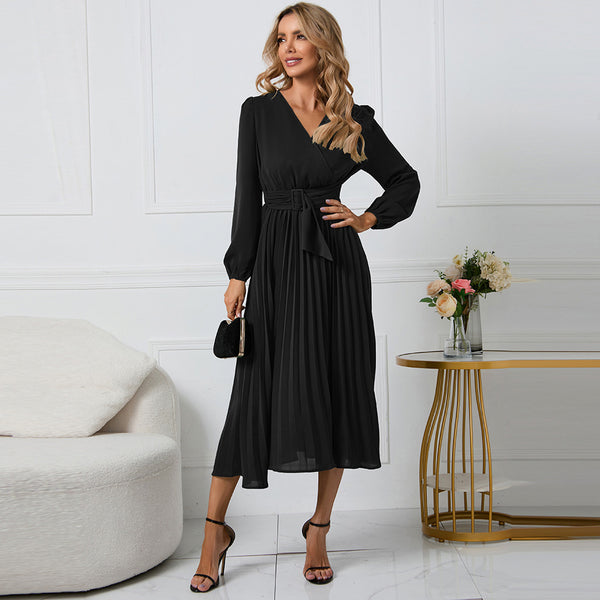 Long Sleeve Slim-fit Pleated Belted V-neck A-line Dress