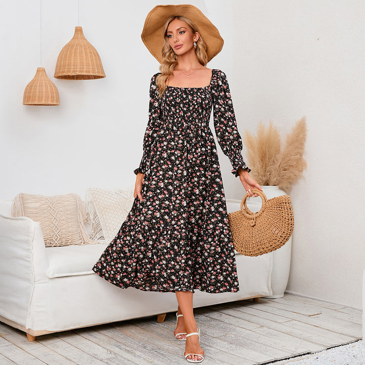 Long Sleeve Chiffon Square Neck Floral Dress - ONEK