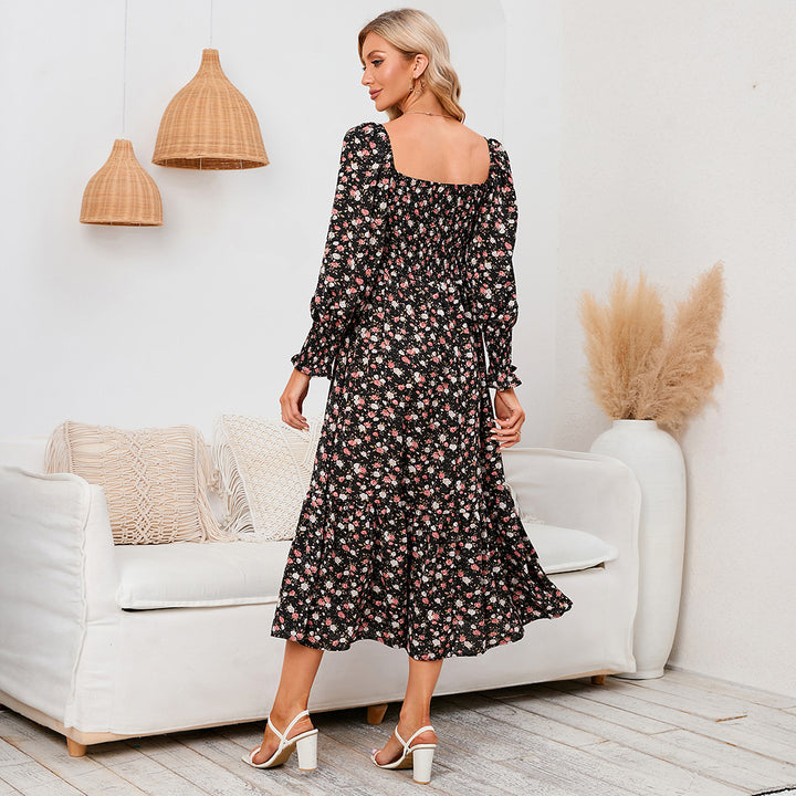 Long Sleeve Chiffon Square Neck Floral Dress - ONEK