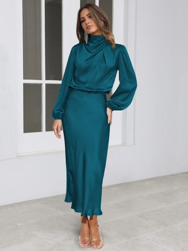 Satin Long Sleeve Loose Elegant Evening Gown Attire Maxi Dress