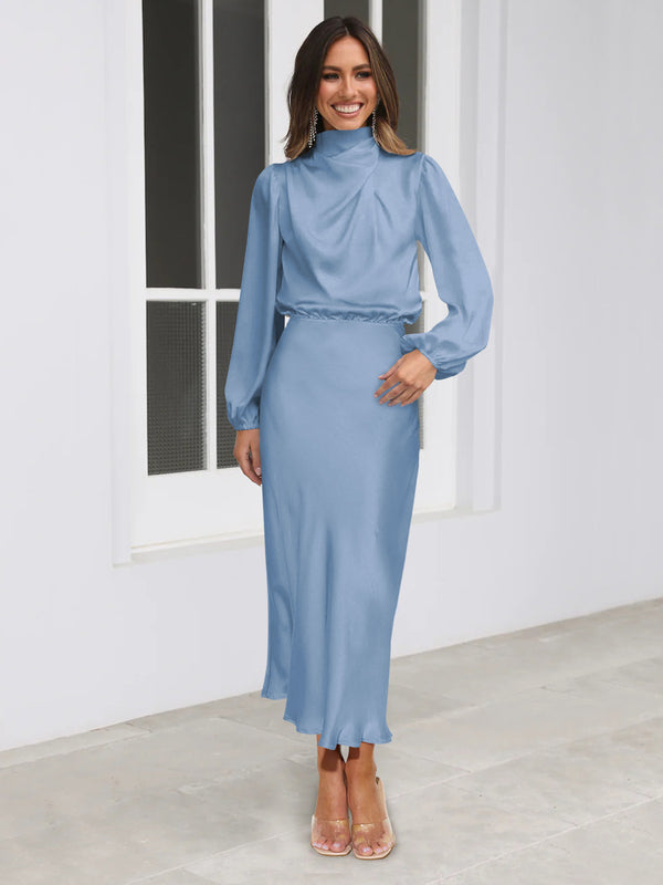 Satin Long Sleeve Loose Elegant Evening Gown Attire Maxi Dress