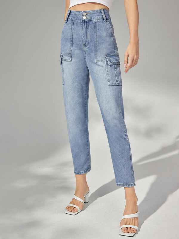 Plain Button Front Pocket Carrot Jeans