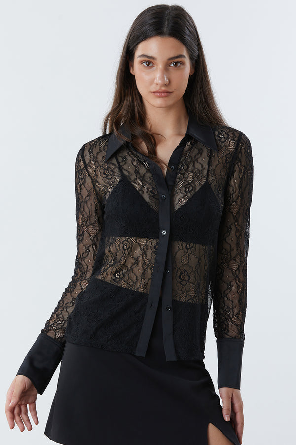 Sheer Embroidery Button Front Top