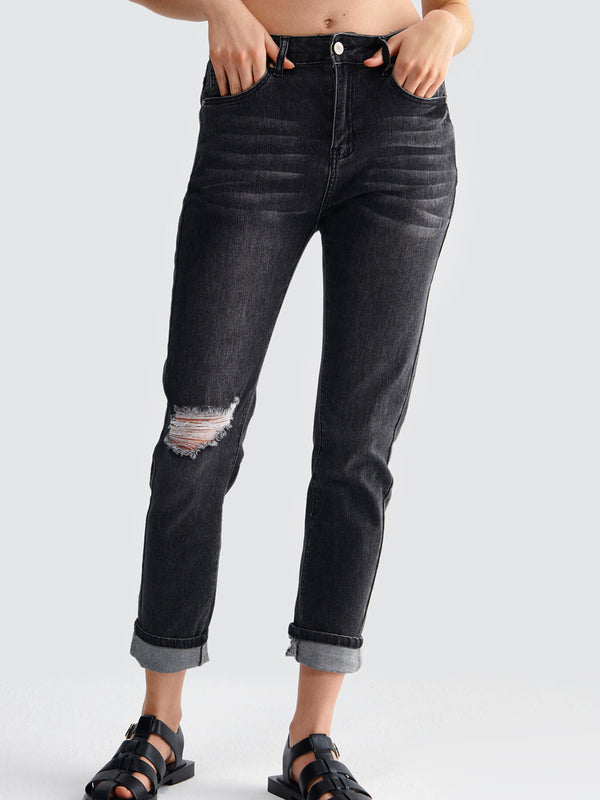 Button Ripped Pocket Slim Denim Jeans