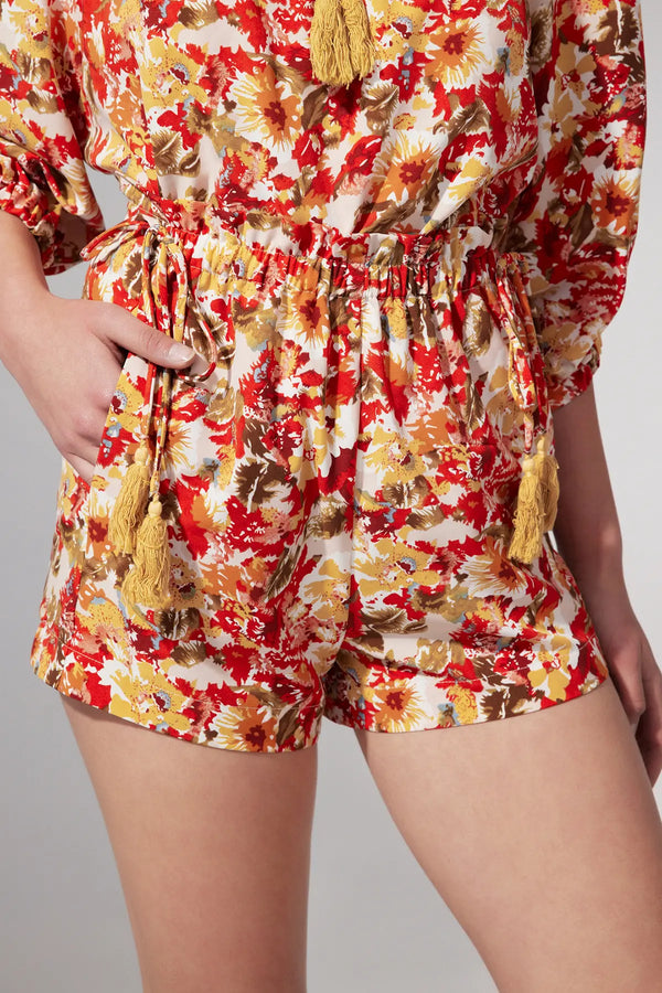 Floral Elastic Waist Tie Front Printed Chiffon Shorts