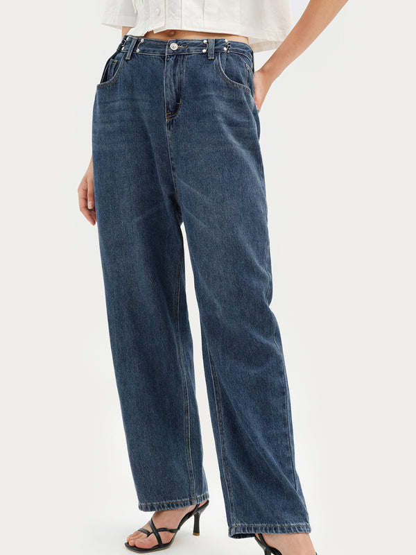 Washed Wide Leg Pocket High Waist Long Jeans