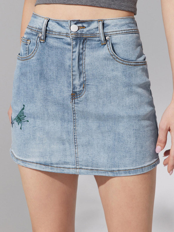 Embroidery Back Mini Denim Skirt