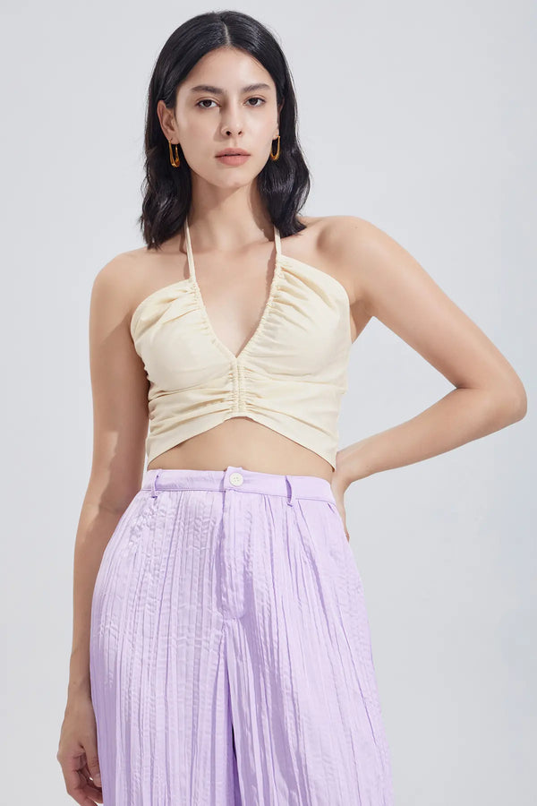 Shirred Drawstring Halter Crop Top