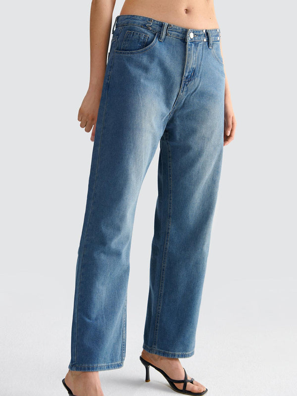 Washed Zipper Wide Leg Jeans