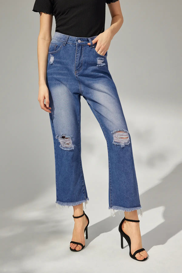 Raw Hem Ripped High Waist Jeans