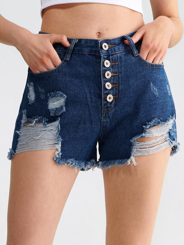 Button Pocket Ripped Denim Shorts