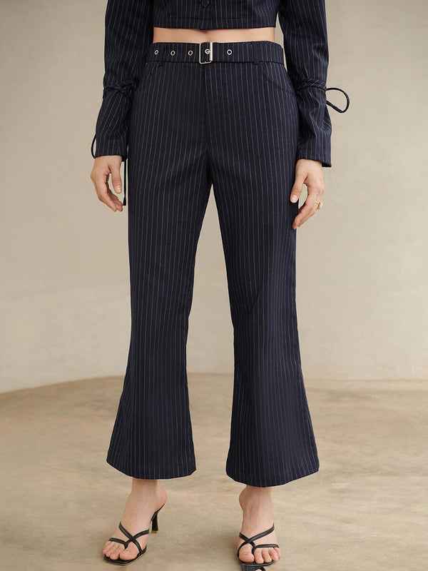 Striped Flare Leg Pants With Belt